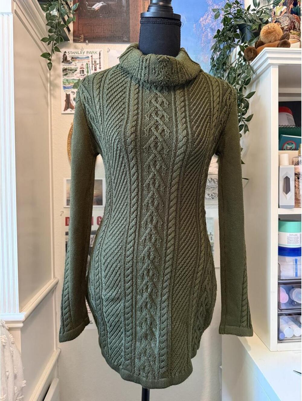 Olive Green Cable Knit Cowl Neck Tunic Sweater